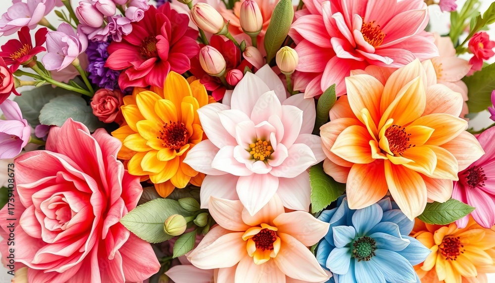 Fototapeta premium Vibrant watercolor floral bouquet, lush blooms & foliage in soft pastel hues, creative, botanical