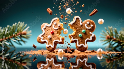 Gingerbread cookies colliding in slow motion with cinnamon powder burst – Christmas baking high speed photography