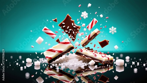 Peppermint bark and candy cane pieces exploding in slow motion with sugar crystals   – Christmas candy high speed photo