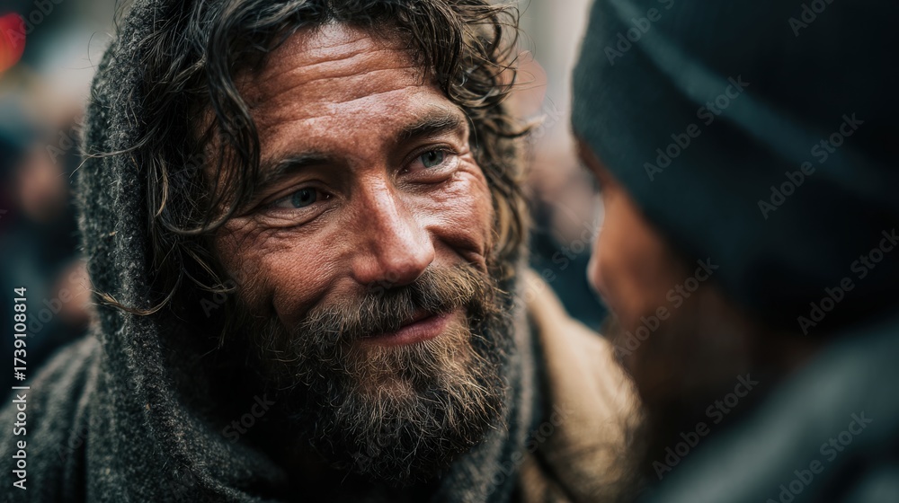 Fototapeta premium Jesus helping homeless people in city streets, empathy in action, realistic tone, copyspace