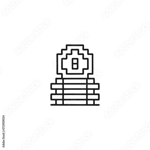 Outlined pixelated space invader icon sits atop stacked planks in simplistic form