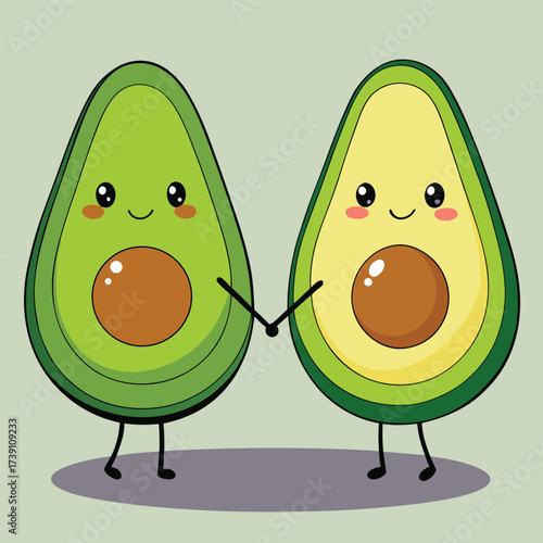 Cute Avocado Couple Holding Hands Smiling Cartoon Illustration