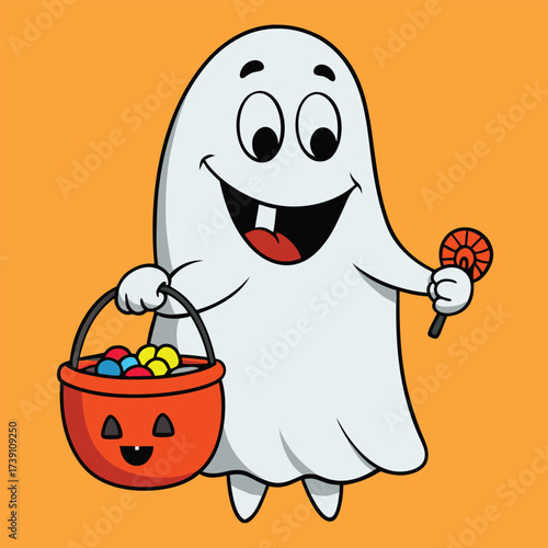 Funny Cartoon Ghost Holding Candy Bucket Halloween Illustration