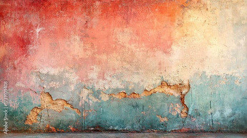 Fototapeta Naklejka Na Ścianę i Meble -  Distressed wall with peeling paint in shades of red, orange, and teal, revealing rough texture