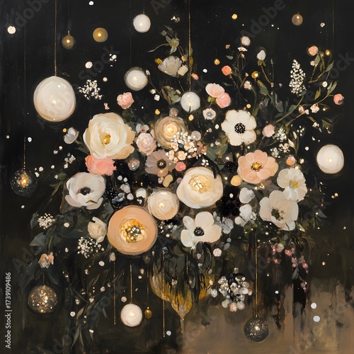 Elegant Dark Floral Bouquet with Glowing Ornaments