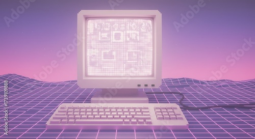 Retro computer vibes with a dreamy vaporwave sunset