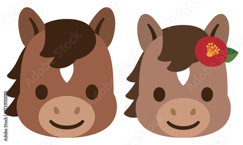 かわいい馬の夫婦の顔のセット 椿と装飾なし カップル イラスト