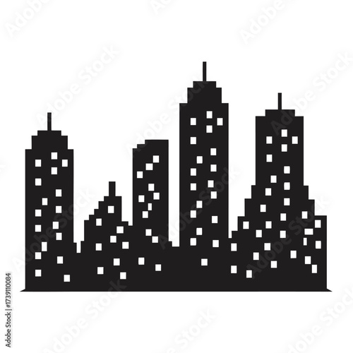Pixelated black skyline features buildings, stars, and a crescent moon in the night