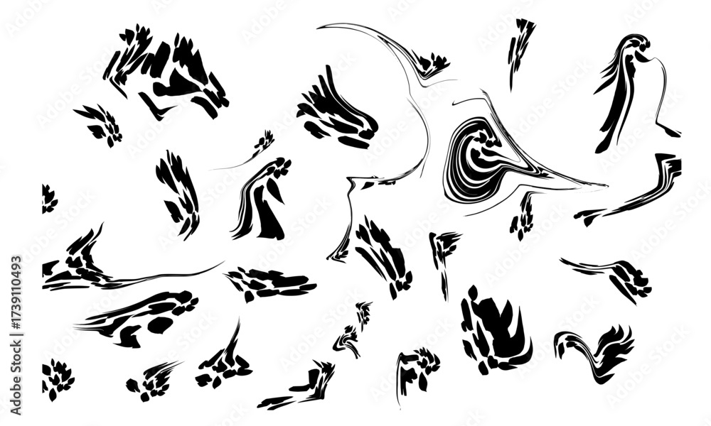 Naklejka premium Set of 25 Abstract Fluid Black Shapes, Organic Brush Strokes, and Marble Ink Blots