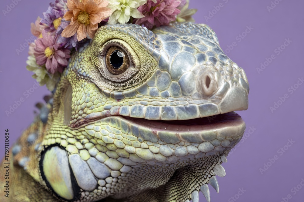 Obraz premium Close-up of iguana adorned with floral crown, set against a soft purple backdrop