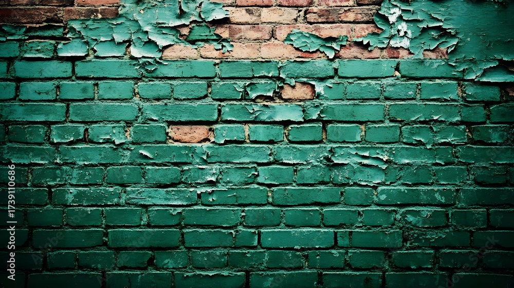 Fototapeta premium Grunge Green Brick Wall Texture Background Peeling Paint