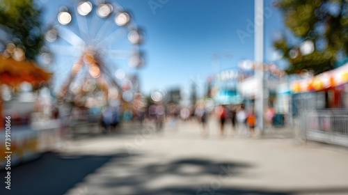 Fototapeta Naklejka Na Ścianę i Meble -  Amusement park bokeh creating an abstract festive atmosphere with blurry ferris wheel, crowds enjoying fairground rides, and carnival stalls under a bright summer sky