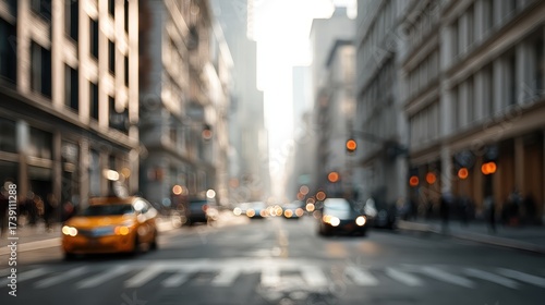 Abstract urban street scene with blurred city traffic creating dynamic motion and bokeh lights, symbolizing movement, speed, and modern city life energy