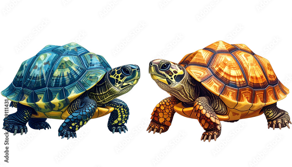 Obraz premium Modern turtle collection featuring two distinct poses, isolated on transparent background