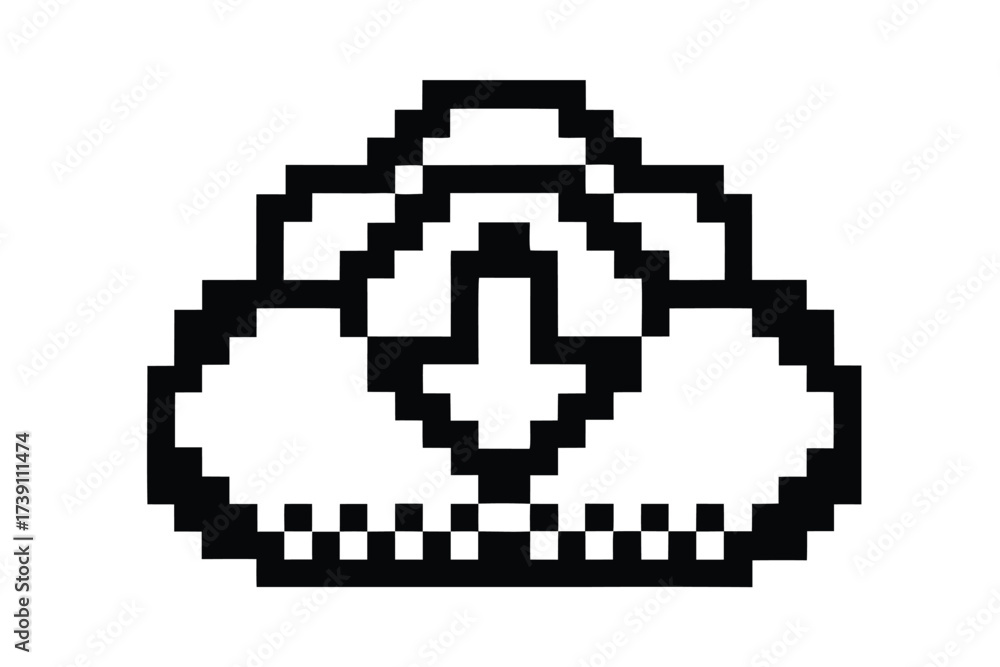 Fototapeta premium Pixelated cloud with a downward arrow suggests downloading or syncing data online