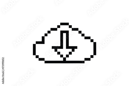 Pixelated cloud with downward arrow indicates file downloading in a simplistic retro style