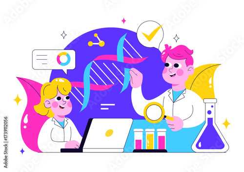 Genetics Testing Illustration Featuring DNA Molecule Structure, Scientific Research, and Laboratory Experiment with Scientists in a Technological