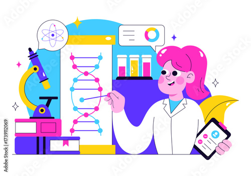Genetics Testing Illustration Featuring DNA Molecule Structure, Scientific Research, and Laboratory Experiment with Scientists in a Technological