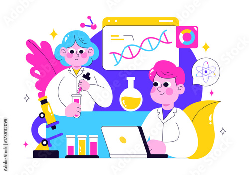 Genetics Testing Illustration Featuring DNA Molecule Structure, Scientific Research, and Laboratory Experiment with Scientists in a Technological