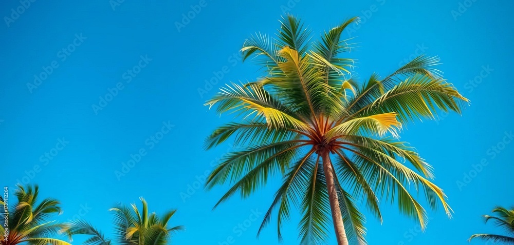 Obraz premium Lush green palm tree against a vibrant blue sky, vacation, palm