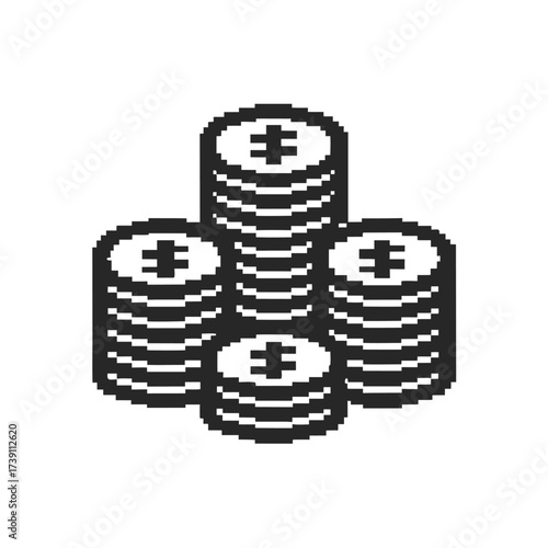 Pixelated stacks of monochromatic coins form a digital currency pyramid, isolated on white