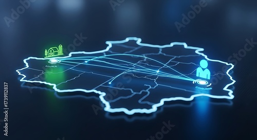 Neon blue network lines connect farm source to consumer on digital map connection distribution