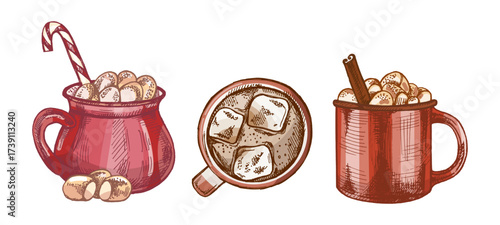 Hand drawn vintage illustration set of festive hot cocoa and cold chocolate drinks in rustic color style