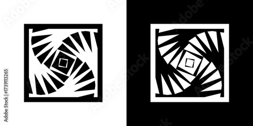 Spiral optical illusion abstract vector design with repeating geometric elements in black-and-white contrast, creating a dynamic and stunning visual effect.