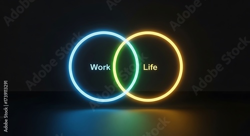 Two overlapping neon circles with text work and life in dark background work life balance venn diagram
