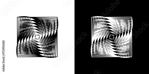 Spiral optical illusion abstract vector design with repeating geometric elements in black-and-white contrast, creating a dynamic and stunning visual effect.