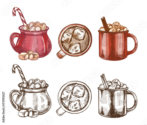 Hand drawn vintage sketch set of festive cocoa and iced chocolate drinks in color and monochrome version