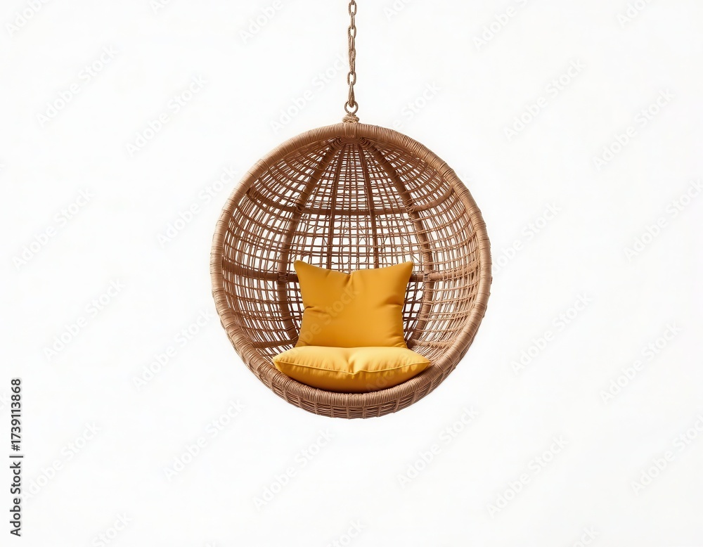 Obraz premium Cozy Rattan Hanging Chair with Soft Yellow Cushion for Relaxation