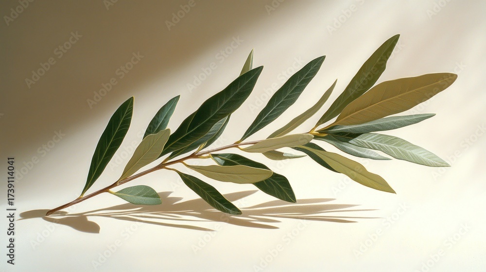 Fototapeta premium Fresh green branch with elongated leaves casts shadows on a warm, neutral surface