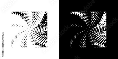 Spiral optical illusion abstract vector design with repeating geometric elements in black-and-white contrast, creating a dynamic and stunning visual effect.