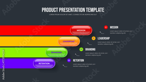 Visual Overview Four Element Diagram Presentation Template. Market Review 4 Option Infographic Frame Design. Business Report Slideshow Layout Vector Illustration.