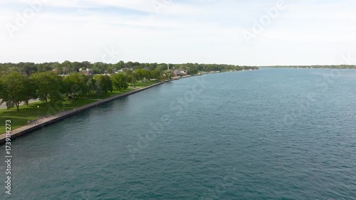 Wallpaper Mural Drone flight northward over the Saint Clair River showing the boardwalk at Palmer Park in Saint Clair Michigan. Torontodigital.ca