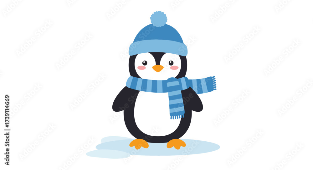 Obraz premium Adorable cartoon penguin wearing a blue knitted hat and scarf