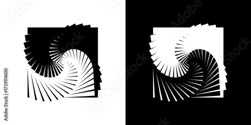 Spiral optical illusion abstract vector design with repeating geometric elements in black-and-white contrast, creating a dynamic and stunning visual effect.