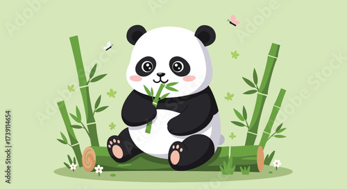 Adorable cartoon panda eating bamboo in a lush green forest setting.