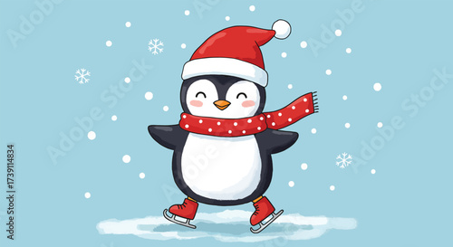 Adorable cartoon penguin wearing a Santa hat and scarf ice skating joyfully in a snowy winter scene.