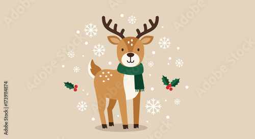 Adorable cartoon reindeer wearing a green scarf surrounded by snowflakes