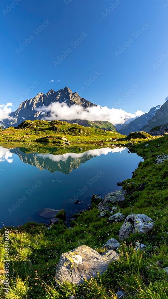 Fototapeta premium Mountain lake reflecting a misty peak