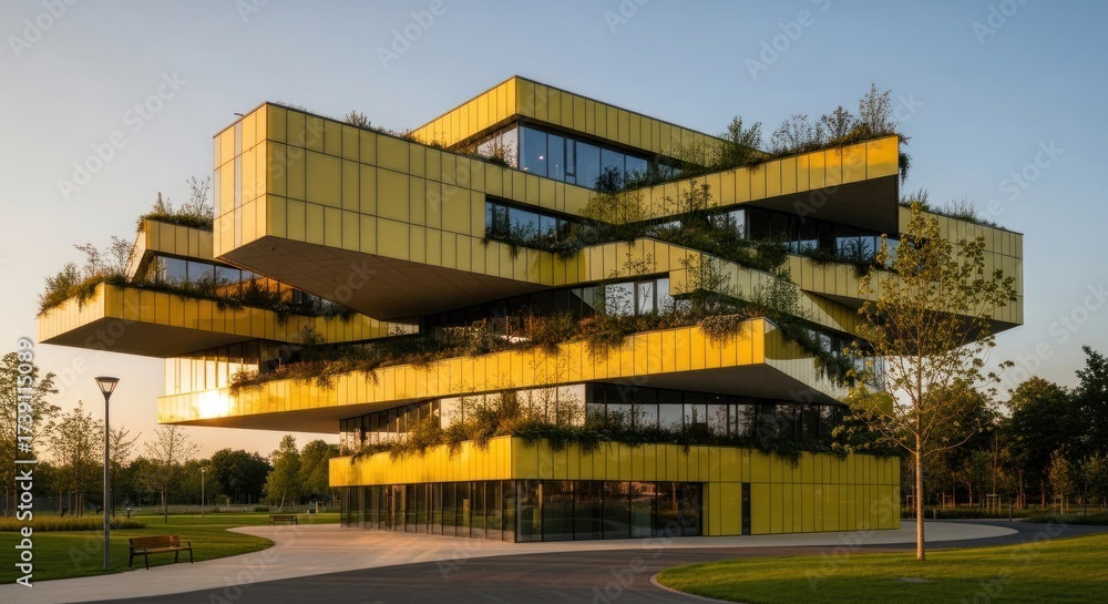 Obraz premium Geometric yellow building, stacked with cantilevered green terraces, bathed in sunlight