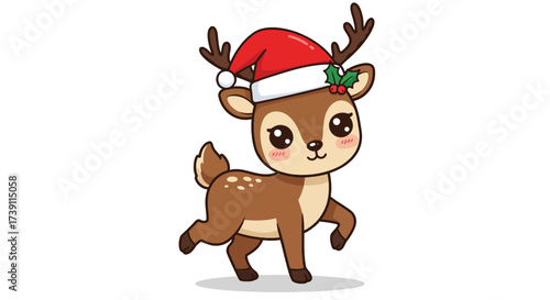 Adorable cartoon reindeer wearing a Santa hat with holly.