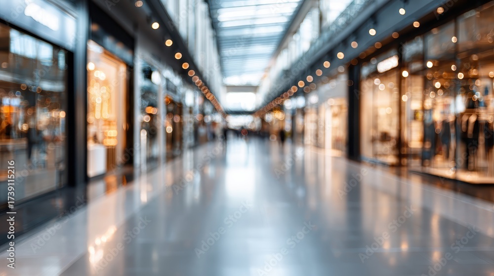 Fototapeta premium Modern shopping mall interior capturing the vibrant atmosphere of consumerism, featuring blurred storefronts and bright bokeh lights creating a dynamic retail background