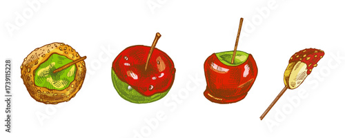 Hand drawn vintage sketch set of caramel apples and candied fruits on stick in festive color version