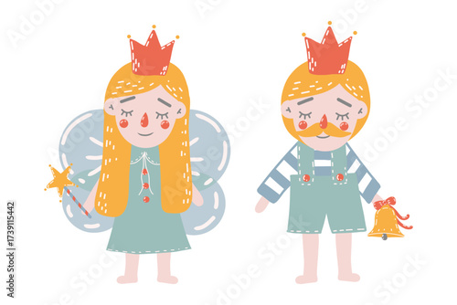 Little king and queen, cute characters for babies. Hand-drawn in playful naive style. Isolated design elements on white background. Perfect for decorating baby rooms, children’s parties, playrooms
