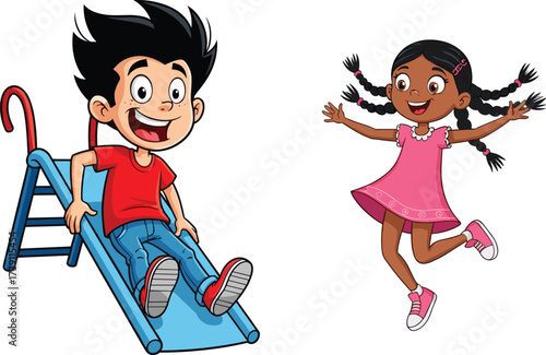 Happy cartoon children playing outdoors, boy sliding on playground slide, girl jumping with joy, fun childhood activity, colorful illustration design