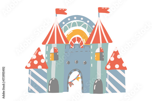 Little kingdom, toy castle. Isolated design element on white background. Bright color palette, hand drawn illustration. For decorating children’s and baby rooms, greeting cards, invitations, playrooms