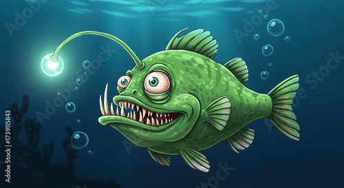 Cartoon anglerfish illustration in deep sea environment